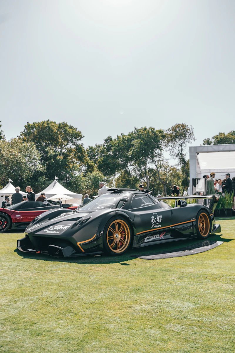 A carbon-bodied Pagani Zonda on the lawn at a concours